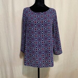 Papermoon Women’s Tunic Top – Navy & Red Geometric Print, Long Sleeve, Size M